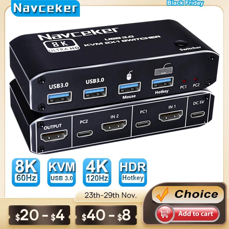 Navceker-8K KVM ġ HDMI ȣȯ 4K 120Hz 2 Ʈ HD KVM ó ڽ,   Ű  콺  PC 